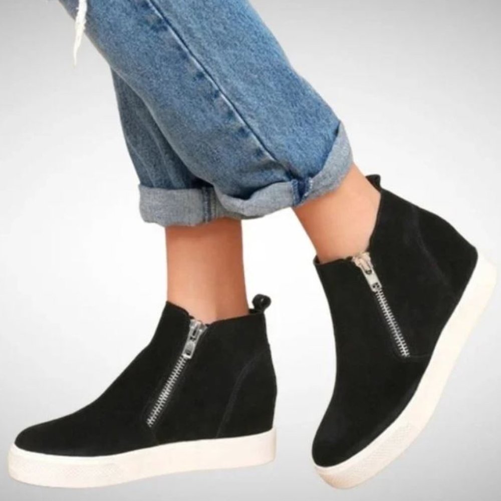 Steve Madden Wedgie Suede Platform Wedge Sneaker | Black Silver | Size 8